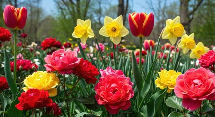 Naklejka premium Vibrant Garden with Roses, Tulips, and Daffodils