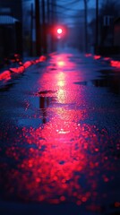 Red streetlight reflects in rainy urban street at dusk