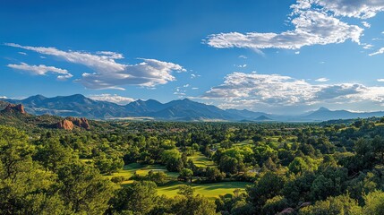 Fototapeta premium Mountain vista, golf course, summer, scenic landscape, Colorado