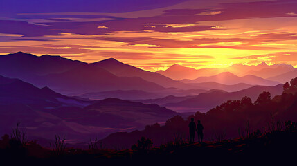 Silhouettes of people watch a vibrant sunset over mountain ranges
