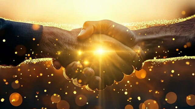 Male partner handshake on gold bokeh background