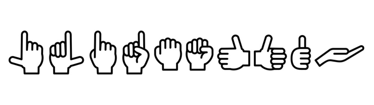 Hand gestures icon set. Index finger up, clenched fist, good sign, Receiving hand.