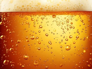 A Flowing Background of Amber Craft Beer with Carbonation Bubbles and Foamy Head
