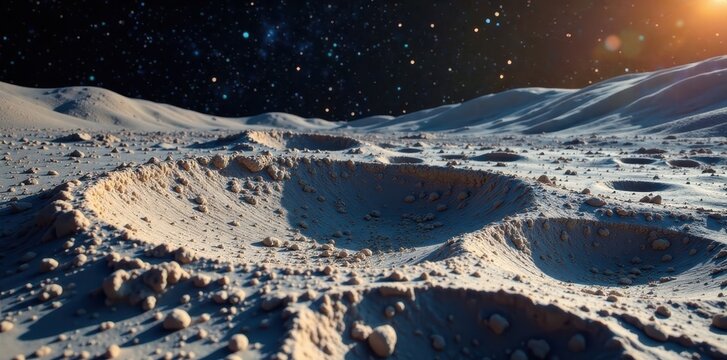 Fine lunar dust and regolith covering crater floor, lunar sample, spacecraft