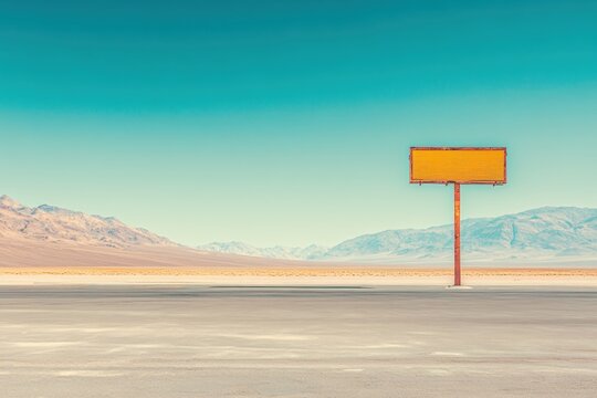 Desert landscape with a yellow billboard under a clear blue sky and distant mountains