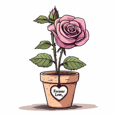 beautiful potted rose plant with heart tag saying Forever Love