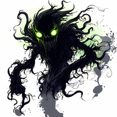 spooky shadow monster with glowing green eyes and swirling tendrils