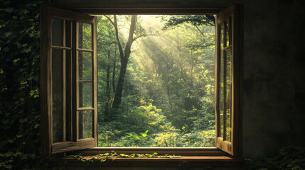 Forest window view sunrise window view scenery nature landscape green tree view window decor wallpaper