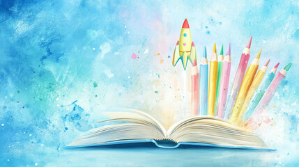 A levitating open book with colorful pencils on a colorful background, with fantasy glitter effect  image, education concept with colorful pencil and books of knowledge planting.