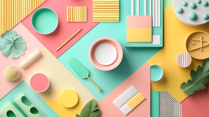 Pastel geometric shapes, objects & leaves on colorful background.