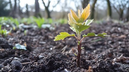 A young tree growing from the ground with its branches beginning to bud
