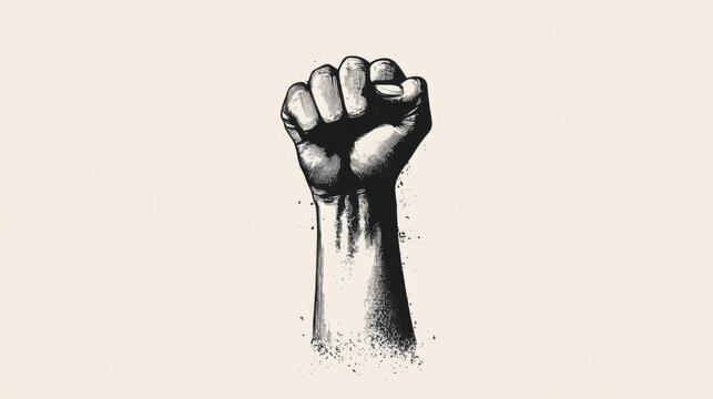 Raised fist in monochrome, symbolizing power and protest.