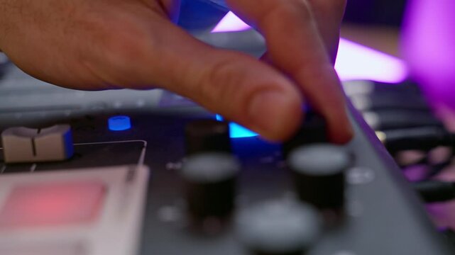 Hand pushes button to begin recording in audio booth or professional sound studio. Engineer clicking on REC button on audio console or mixer during live streaming show or radio session