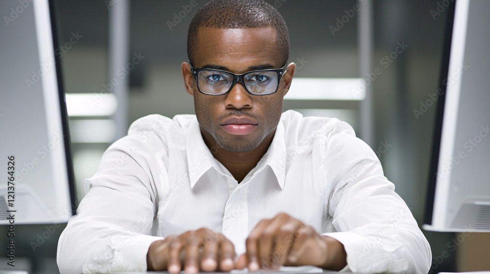 Poster a focused employee retrieving information records from a digital database on a computer screen