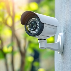 Security camera mounted on a wall with blurred green foliage in the background at daytime