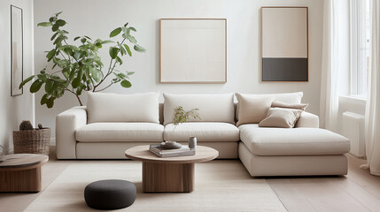 Scandinavian-inspired living room interior design with light oak flooring, white walls, a beige sofa, and minimalist decor, creating a cozy and serene environment.