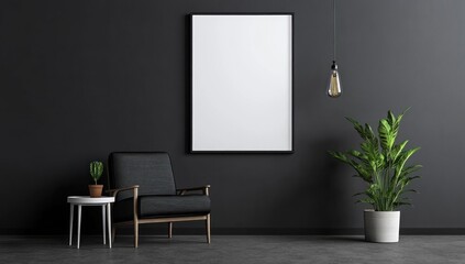 Dark room interior with armchair, plant, and blank poster mockup.