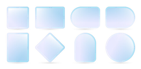 set of transparent glass frames label stickers with different shapes isolated white backgrounds for user interface web design, banner poster element, Layouts, collages, scene designs, minimalist style