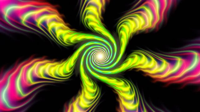 Colorful glaring vibes radiating, dividing, changing colors, combining, interfusing, pulsating. Fractal background with outlandish, bizzare flower shape having bifurcated petals. 4K UHD 4096x2304