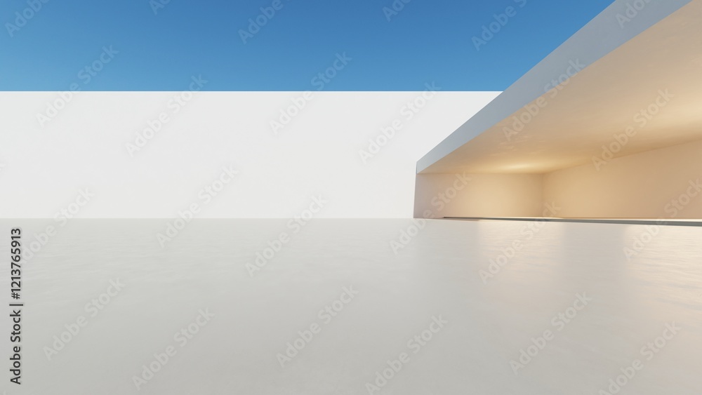 Poster 3d render of abstract modern architecture with empty cement floor, minimal exterior, car presentatio