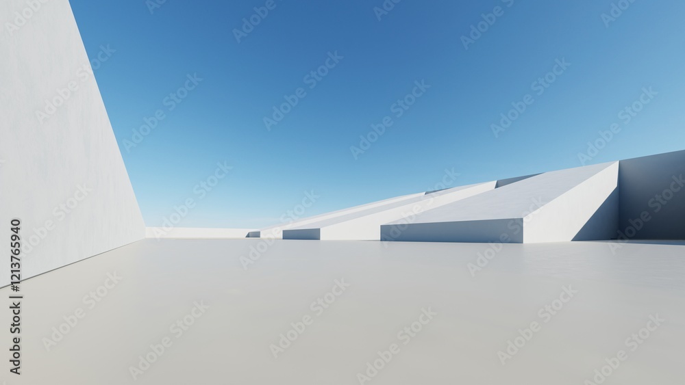 Poster 3d render of abstract modern architecture with empty cement floor, minimal exterior, car presentatio