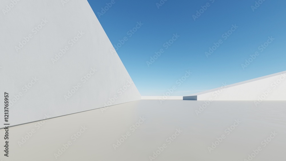 Poster 3d render of abstract modern architecture with empty cement floor, minimal exterior, car presentatio