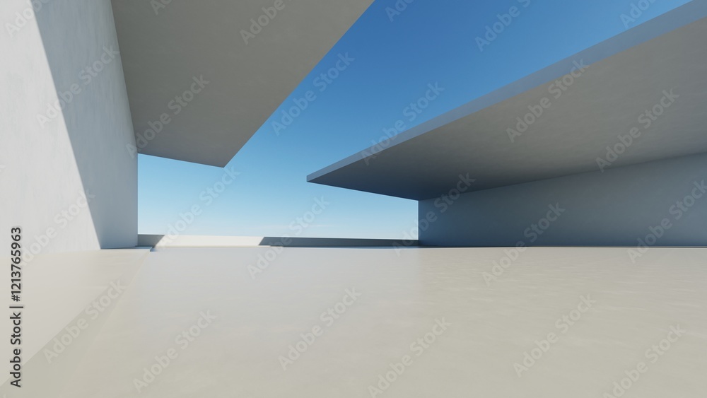 Poster 3d render of abstract modern architecture with empty cement floor, minimal exterior, car presentatio