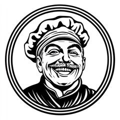 Chef with hat smiling in circle design for food or restaurant use with simple background