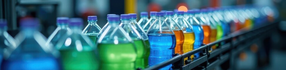 Conveyor belt carrying plastic bottles; quality control inspection, drinks, containers