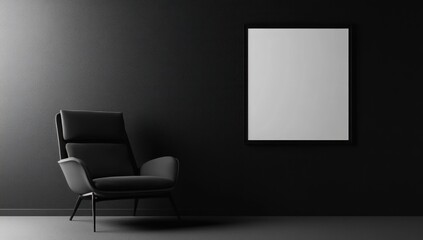 Dark room with armchair and blank frame.