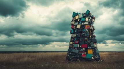 Towering stack of electronic junk in an empty field, under thick, foreboding clouds, showcasing industrial waste challenges