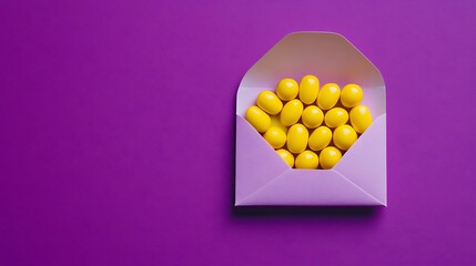 Dozen yellow pills in an envelope appear above a vibrant purple background