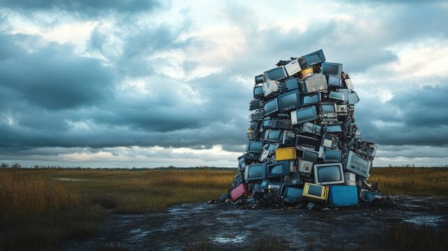 Towering stack of electronic junk in an empty field, under thick, foreboding clouds, showcasing industrial waste challenges - Powered by Adobe