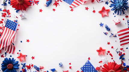 Obraz premium patriotic fourth of july background with american flags and flowers in red white and blue colors