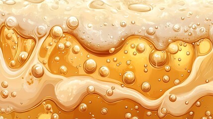 Flowing Amber Brew with Cascading Carbonation Bubbles and Creamy Foam