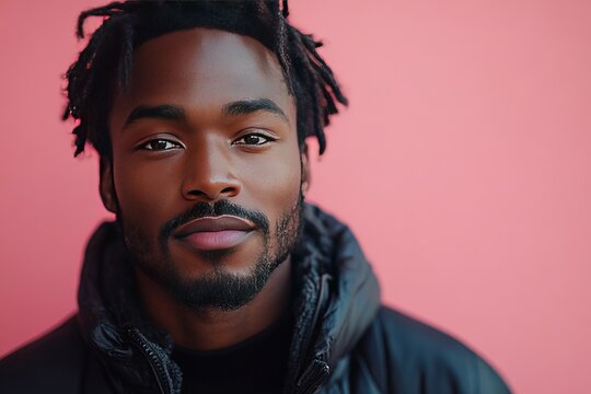 Serious man with dreadlocks against pink wall