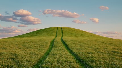 Naklejka premium Serene Rolling Green Hill with Tire Tracks Leading to Summit Under Partly Cloudy Sky