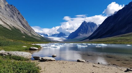 Obraz premium Glacial lake serene landscape, mountain backdrop, arctic summer, travel destination