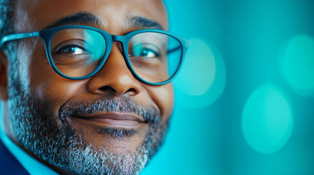Portrait of a cheerful man wearing glasses set against a vibrant teal background
