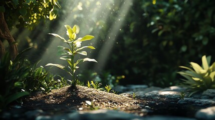 A small tree sprouting from the ground in a peaceful garden with rays of sunlight