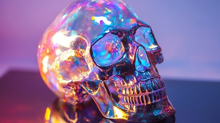 Opal skull reflecting rainbow patterns