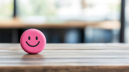 Pink smiley face ball resting on a wooden surface with a blurred interior background, creating a cheerful and optimistic atmosphere perfect for conveying happiness and lightheartedness.
