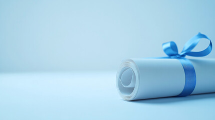 blue ribbon tied around a white graduation diploma roll on a blue background