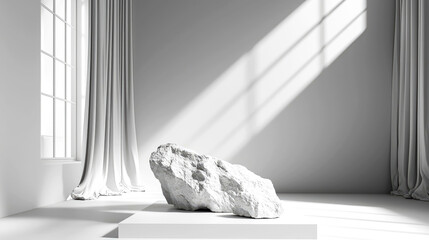 Modern Minimalist Interior Design: White Room with Stone and Sunlight