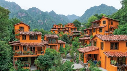 Obraz premium Orange Houses Nestled In Lush Green Mountain Valley