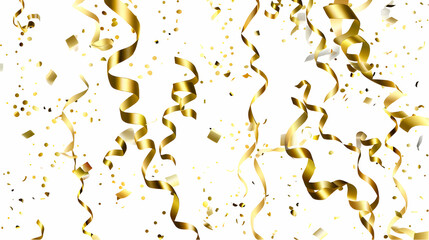 Golden Party Streamers with Confetti on White Background,generative ai