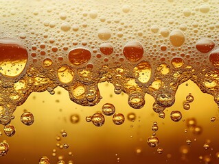 Flowing Amber Beer with Bubbly Carbonation and Foamy Texture in Glowing Background