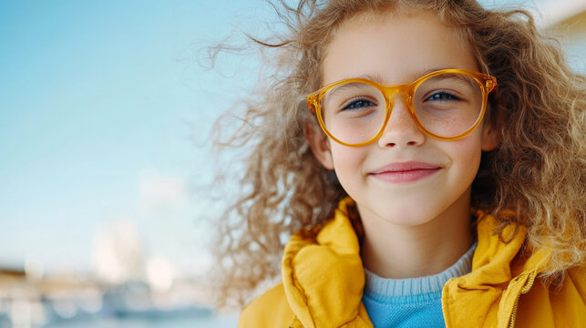 Cheerful curly-haired girl with glasses and warm clothing outdoors on a sunny day