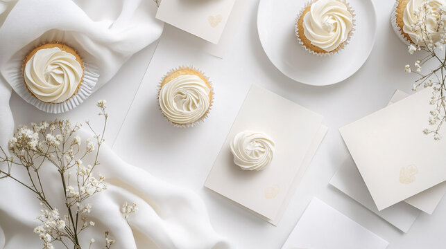 white background with minimalist cupcakes and white flowers for wedding or birthday invitation