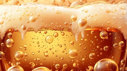 Flowing Amber Beer with Effervescent Bubbles and Foamy Texture in Full Frame